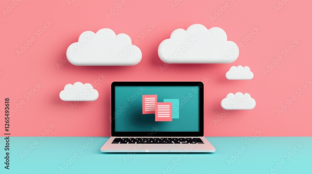 Poster backup day concept. creative flat of laptop with floating clouds
