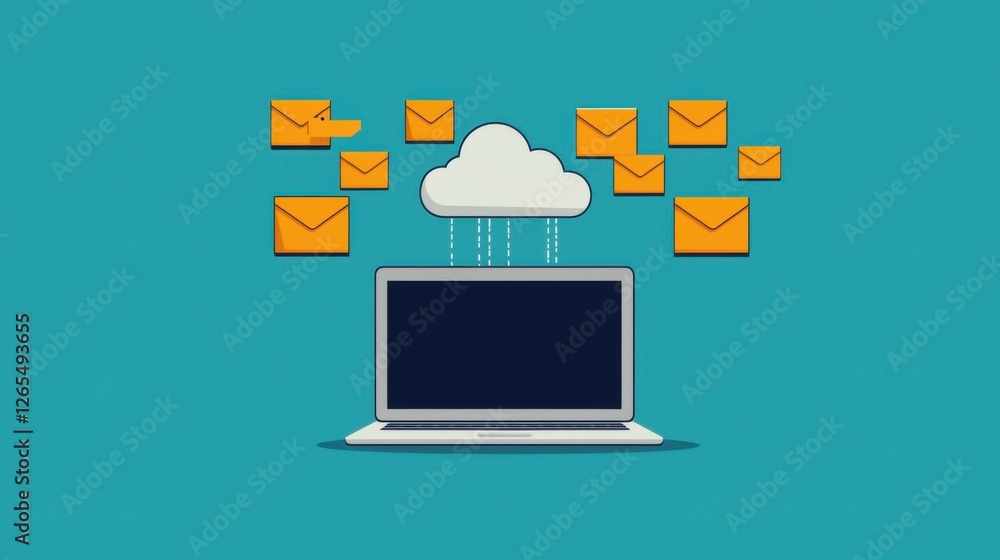 Poster backup day concept. creative flat of laptop with floating envelopes symbolizing digital communicatio