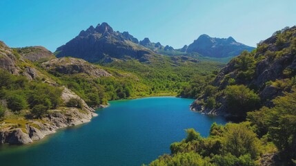 hidden paradise in Patagonia, dramatic jagged peaks towering over a serene blue lake, lush greenery surrounding the water