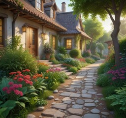 Fototapeta premium Tranquil garden path with a traditional house backdrop, garden path, greenery