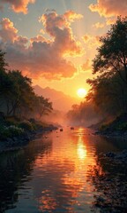 Tranquil river scene bathed in warm sunset tones, serene, tranquil