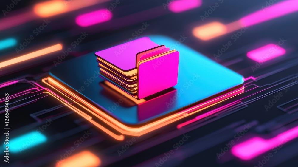 Poster backup day concept. futuristic digital cube platform with vibrant neon gradient lighting