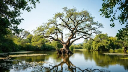 Fototapeta premium tree in a peaceful pond surrounded by greenery, peace, tree, reflection