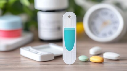 Positive medical test strip for prostate cancer detection with urine sample and lab equipment.