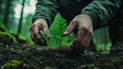 Naklejka premium Planting trees for greener future in forest environment