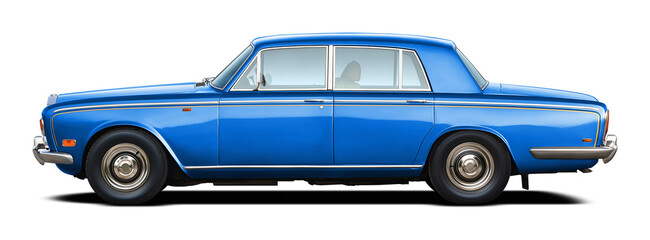 Classic English luxury retro car all blue. In png format on transparent background.