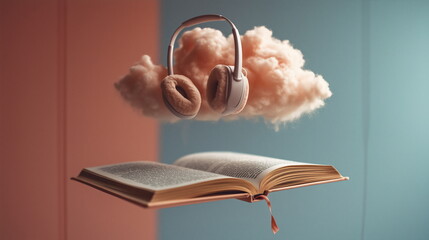 Floating headphones above an open book against a colorful background during a creative exploration of sound and literature
