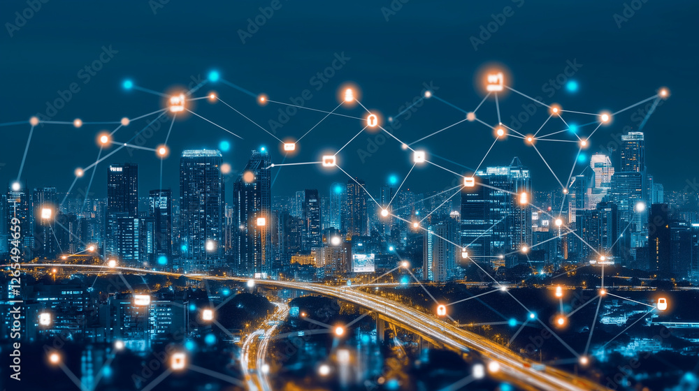 Poster smart city network: a breathtaking night cityscape illuminated by glowing lines representing interco
