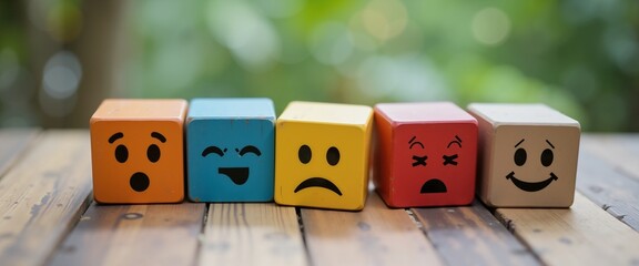 Colorful emotion cubes on wooden table, symbolizing different feelings, educational use