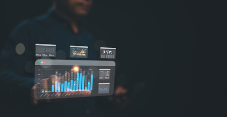 Visual Data Analysis in Action, Professional uses advanced data visualization tools to analyze and interpret complex datasets, enhancing decision-making and strategic planning in digital environment