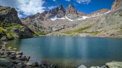 hidden paradise in Patagonia, dramatic jagged peaks towering over a serene blue lake, lush greenery surrounding the water