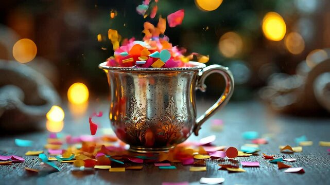 Confetti Celebration: A silver goblet overflows with vibrant confetti, showering the table with a cascade of colorful celebration. The bokeh lights in the background add a festive touch.