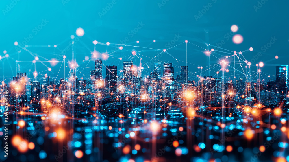 Aufkleber cyber cityscape: a mesmerizing digital rendering of a futuristic cityscape at night, interconnected 