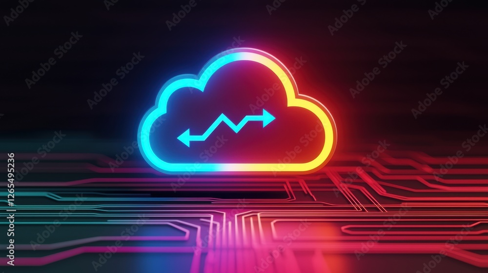 Poster backup day concept. glowing neon cloud icon with arrows pointing to technology or data concept