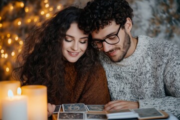 A couple reading tarot cards together by candlelight, creating a cozy and mystical atmosphere with warm glowing lights in the background