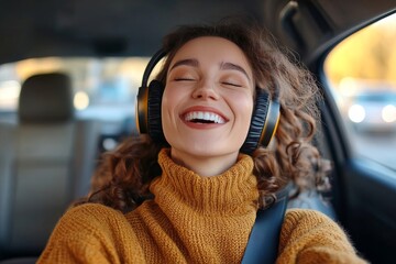Overjoyed woman tourist enjoying car ride alone, listening to music, singing songs and dancing while driving auto with backpack nearby on passenger, Generative AI