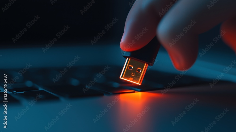 Poster backup day concept. glowing usb connector in closeup on dark high tech background