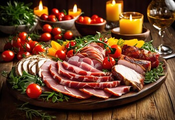vibrant meat plate arrangement featuring colorful fresh ingredients artful presentation, artisan, charcuterie, appetizer, blend, culinary, cuisine, gourmet
