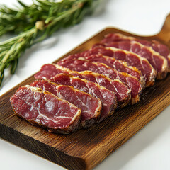 Fototapeta premium Savor the Exquisite: Succulent Slices of Roasted Meat on Rustic Wooden Board