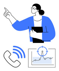 Forward-thinking person gesturing with raised hand, holding folder. Includes call icon, signal waves, data chart with targeting focus. Ideal for leadership, communication, strategy, business growth