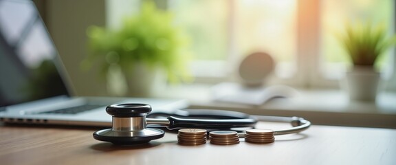 Obraz premium Stethoscope and Coins on Wooden Desk in Bright Office, Health and Finance Concept
