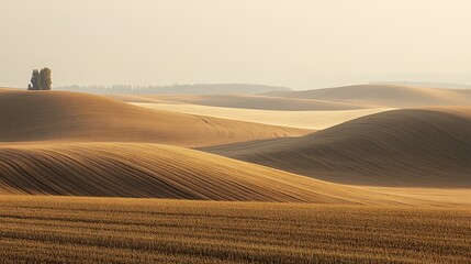 Obraz premium Rolling hills of golden wheat fields under a pale sky