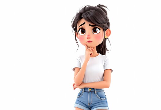 Pensieve Girl: A 3D Render of a Thoughtful Cartoon Girl