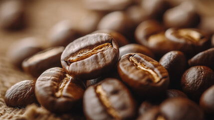 Fototapeta premium Roasted coffee beans close-up on rustic burlap background