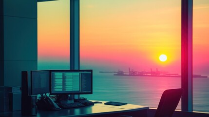 Sunset Office View: Serene Workplace with Ocean Panorama
