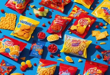 vibrant close assorted colorful snack packs showcasing variety flavors eye catching packaging design, assortment, candy, chips, desserts, edibles, fun