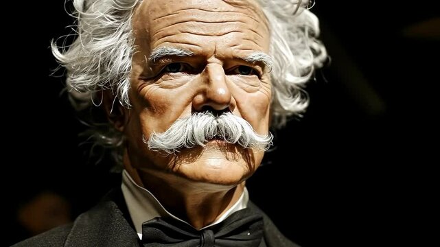 Realistic wax figure of a renowned author with white hair and a distinguished mustache in a formal suit