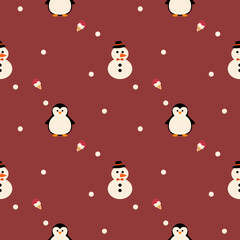 Snowman and penguin cartoon so cute. On ice cream snow red background. Pattern seamless vector illustration. 