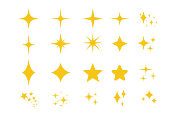 Yellow, gold, orange sparkles symbols vector. The set of original vector stars sparkle icon. Bright firework, decoration twinkle, shiny flash. Glowing light effect stars and bursts collection. Vector