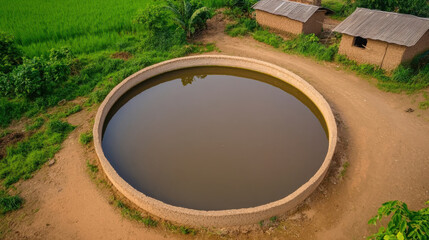Agricultural Water Tanks and Irrigation Concept, large communal water tank surrounded by greenery and huts