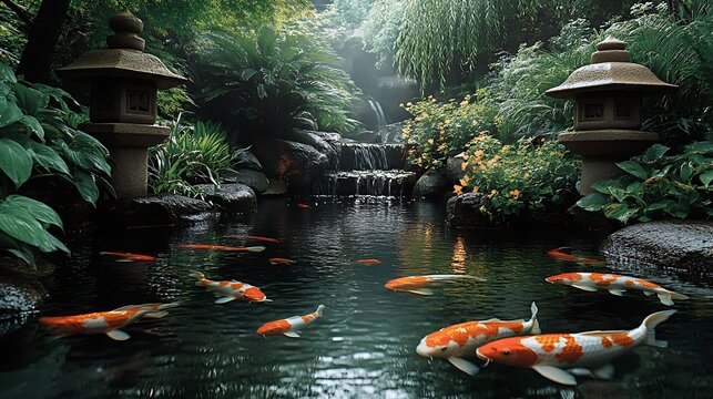 Serene koi pond in a lush garden with gentle waterfall and lanterns, peaceful atmosphere