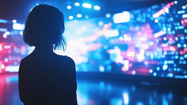 A wide shot of an engaging tech review segment where the presenter stands animatedly in front of a large interactive display. The studios blurred backdrop features abstract tech designs