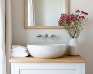 Farmhousechic bathroom with a vintage floral vanity and soft linen curtains