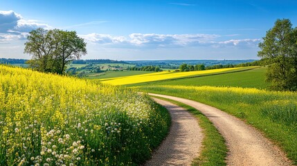 Sunny countryside road curves through rapeseed fields