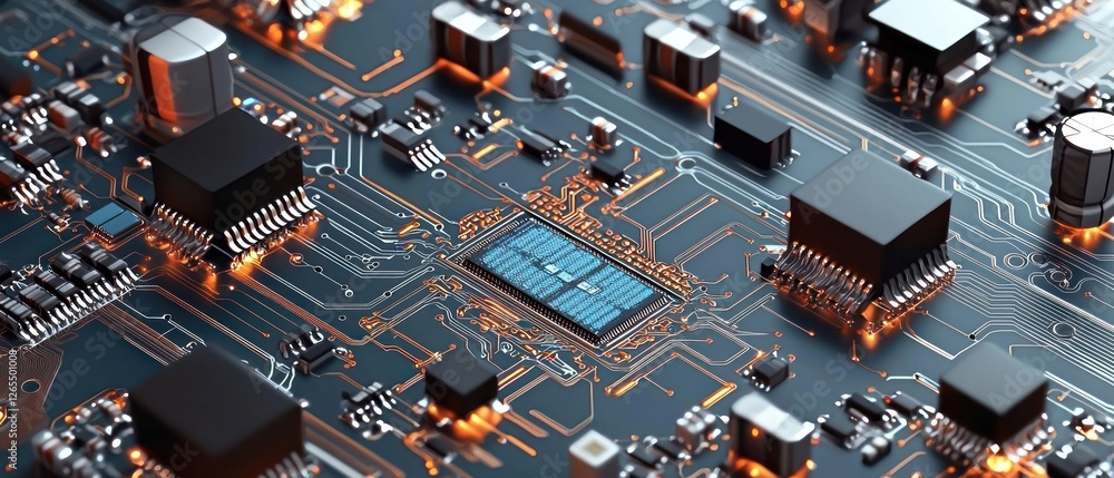 Poster close up view of complex circuit board with glowing components
