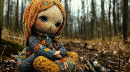 A handcrafted doll with orange hair sits thoughtfully in a serene, autumn forest setting