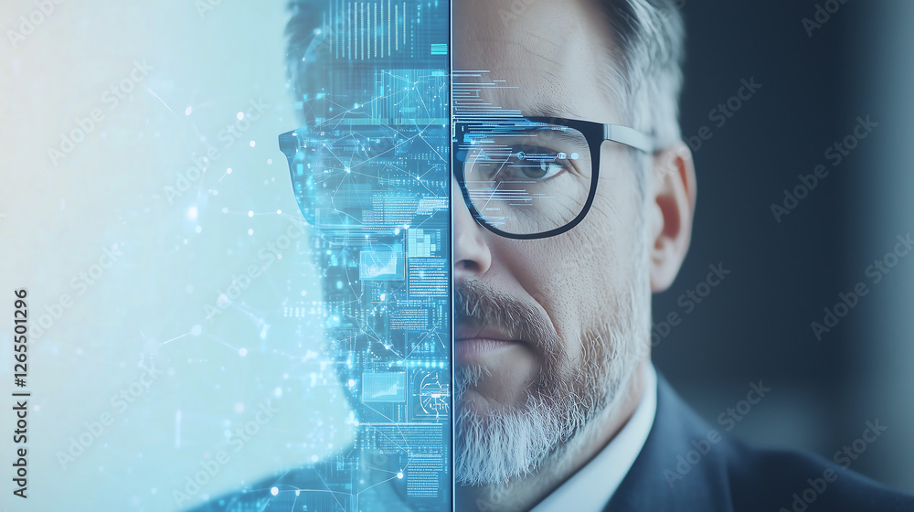 Aufkleber futuristic concept of artificial intelligence and human integration, businessman with digital cyber 
