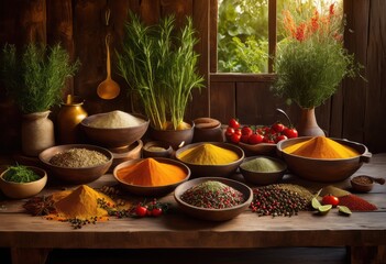 vibrant culinary ingredients artfully arranged create dynamic colorful backdrop ideal backgrounds food, artistic, aromatic, arrangement, balance, bright