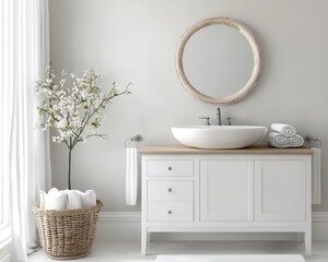 Farmhousechic bathroom with a vintage floral vanity and soft linen curtains