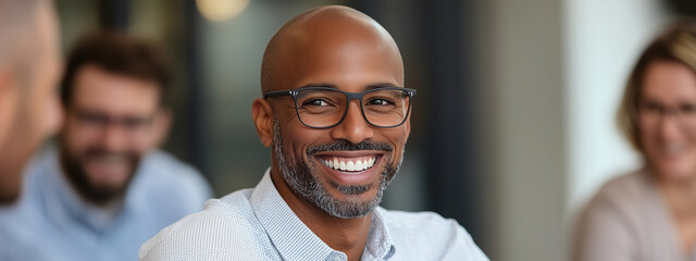 diverse team member smiling during collaborative meeting in modern office setting, showcasing positivity and engagement