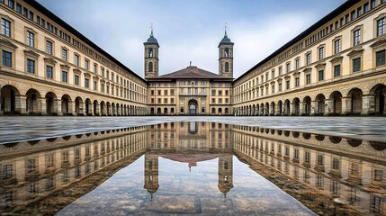 Fototapeta premium Symmetrical city square reflects perfectly in tranquil puddle soft light. AI Generated