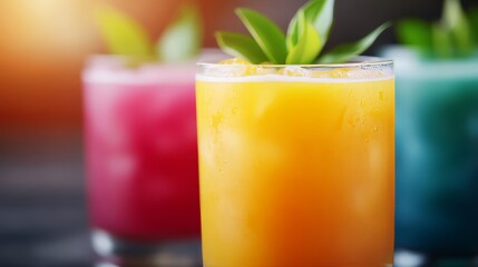 Colorful tropical drinks served in glasses with ice and garnished with fresh leaves at a summer party