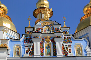St. Michael's Golden-Domed Monastery in Kyiv, Ukraine. A site with a cathedral, a bell tower, refectory and gates, all built in Ukrainian Baroque style.