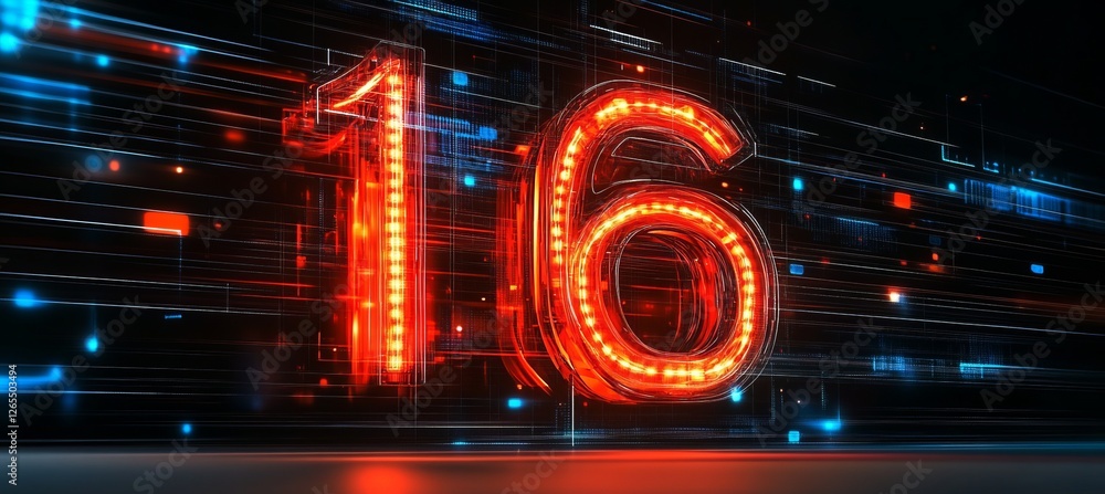 Aufkleber glowing digital single big 3d number 16 in futuristic style on digital abstract background