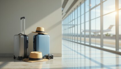 Travel essentials at the airport: Suitcases, hats, and camera await departure