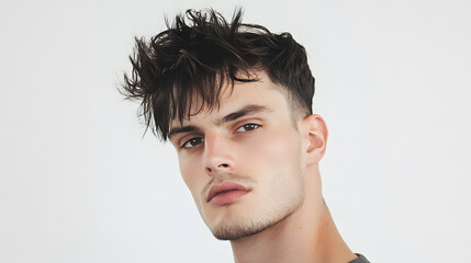 Fototapeta premium Striking young man with tousled hair and intense gaze, studio portrait. Modern hairstyle and clean look, perfect for fashion or beauty campaigns.